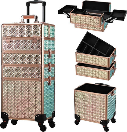 Stagiant Rolling Makeup Case Cosmetology Case on Wheels 4 in 1 Large Cosmetic Organizer Train Case Makeup Travel Case with Key Swivel Wheels Nail Artist Salon Storage Traveling Cart Trunk Rose Gold