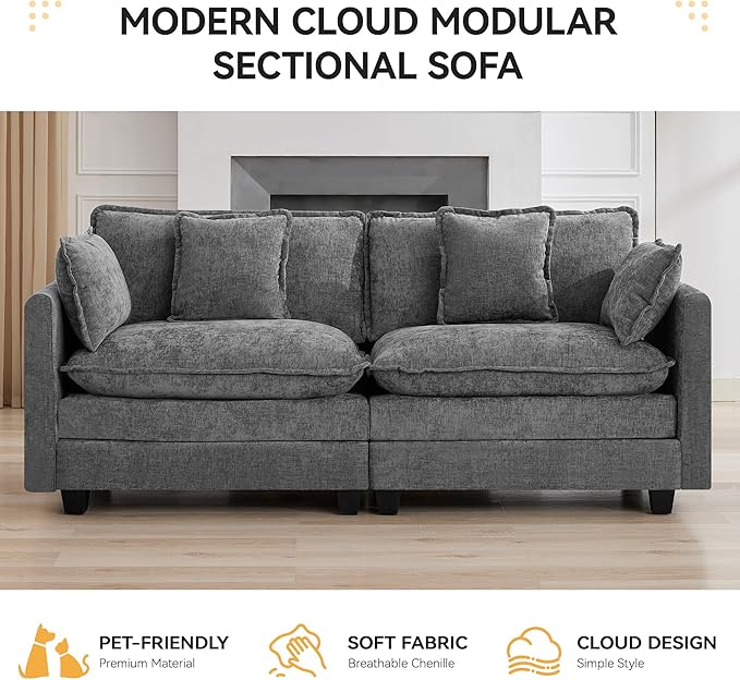 76'' Cloud Deep Seat Loveseat, Upholstered Chenille Modular 2-Seats Sectional