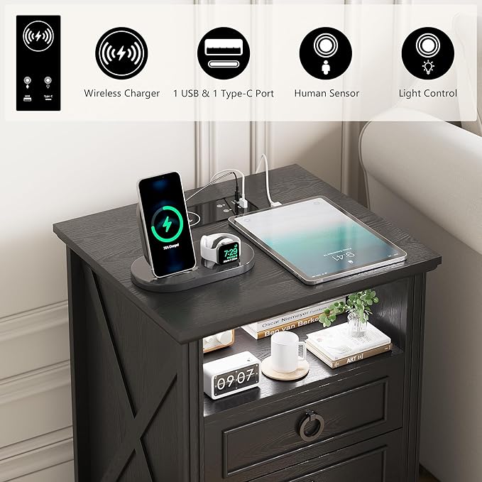 Nightstand with Charging Station, Farmhouse End Side Table with 3 Drawers and