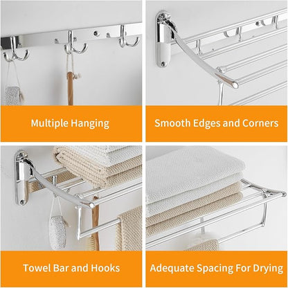 BESy 24 Inch Polished Chrome Towel Racks, Bathroom Towel Shelf with Foldable Towel Bar Holder and Towel Hooks, Wall Mounted Multifunctional Bathroom Accessories, Double Towel Bars