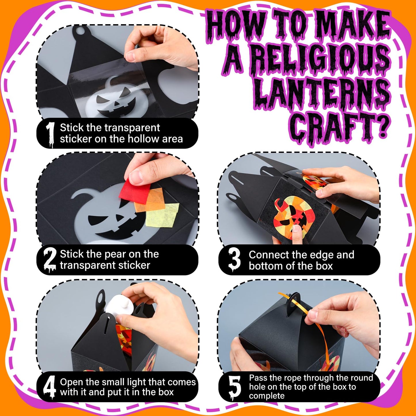 Simgoing 12 Sets Halloween Jack-O-Lantern Crafts with LED Candlelight Jack-o-Lantern Tissue Paper Crafts Kits DIY Pumpkin Suncatchers Lanterns Kits Hanging Spooky Supplies for Halloween Party Decors