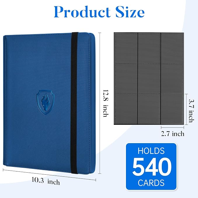 Premium 9 Pocket Card Binder for 540 Cards, Fabmaker PU Cover Trading Card Binder, Sturdy Card Collection Album, Sleek Card Holder Folders for Game Cards & Sports Cards, Royal Blue