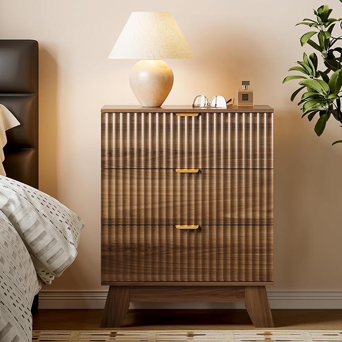 BORNOON Fluted 3 Drawer Dresser, 30.3" Tall Compact Modern Boho Chest of Drawers
