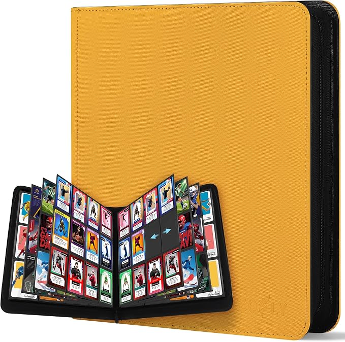 12 Pocket Zipper Trading Card Binder, 720 Large Capacity Side Loading Non-Ring Card Album, Double Sided Acid-Free Card Protector Binder for TCG, MTG, Sport Card, Yellow