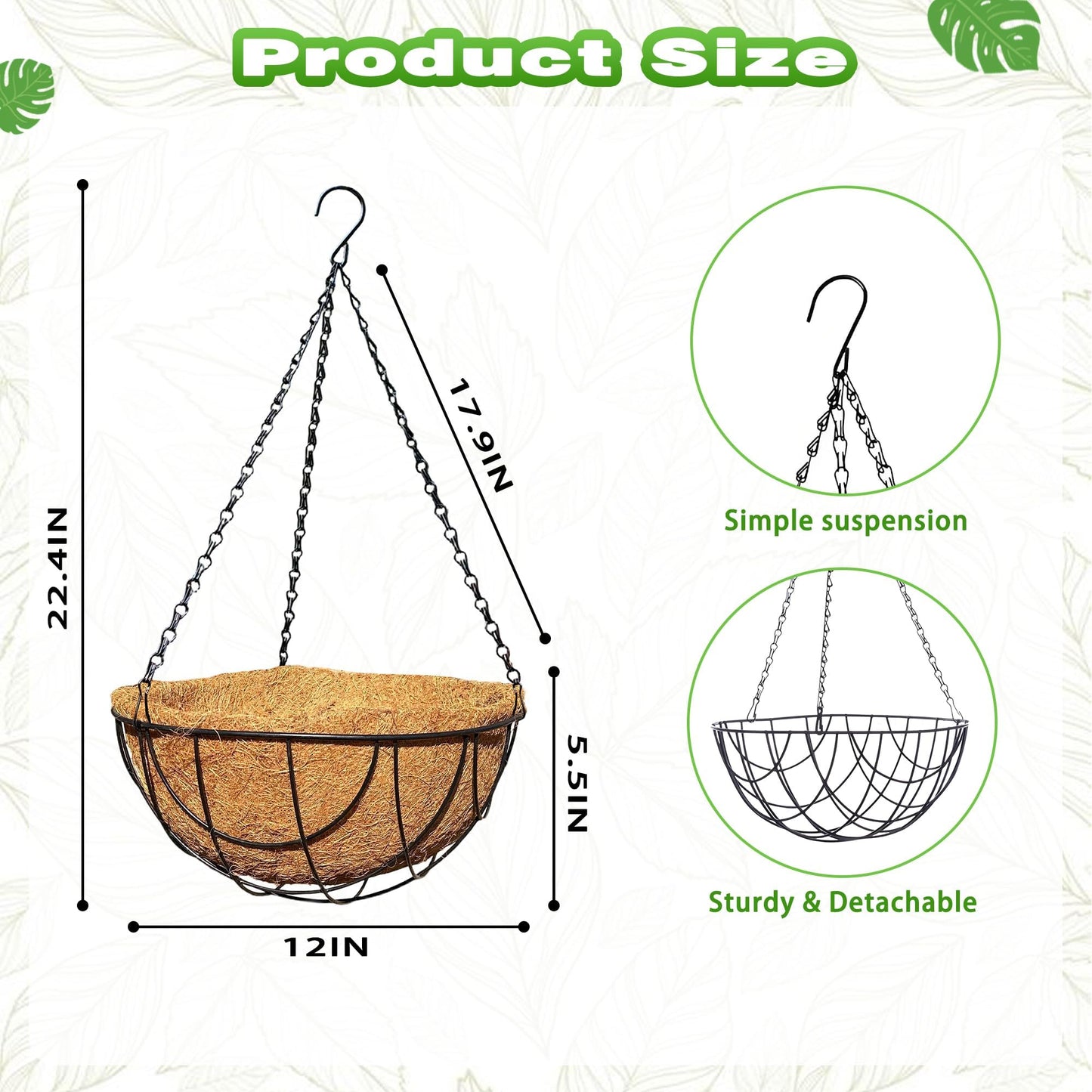 Qusuxi 2 Pack 12 Inch Metal Outdoor Hanging Baskets Black Heavy Duty Hanging Planters with Coco Liners for Indoor Outdoor Plants Gardens Patios Terraces（Earth）