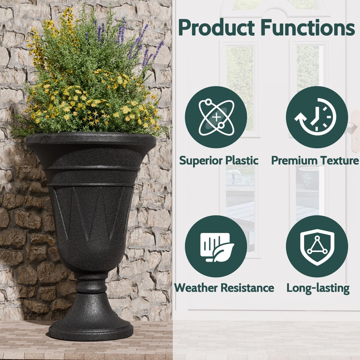 Trygoal 23.6" Tall Plastic Urn Planters for Outdoor Plants, Set of 2 Heavy-Duty Classic Indoor Large Flower Pots with Drainage Holes & Trophy Design, Outdoor Planters for Porch, Home Garden, Black