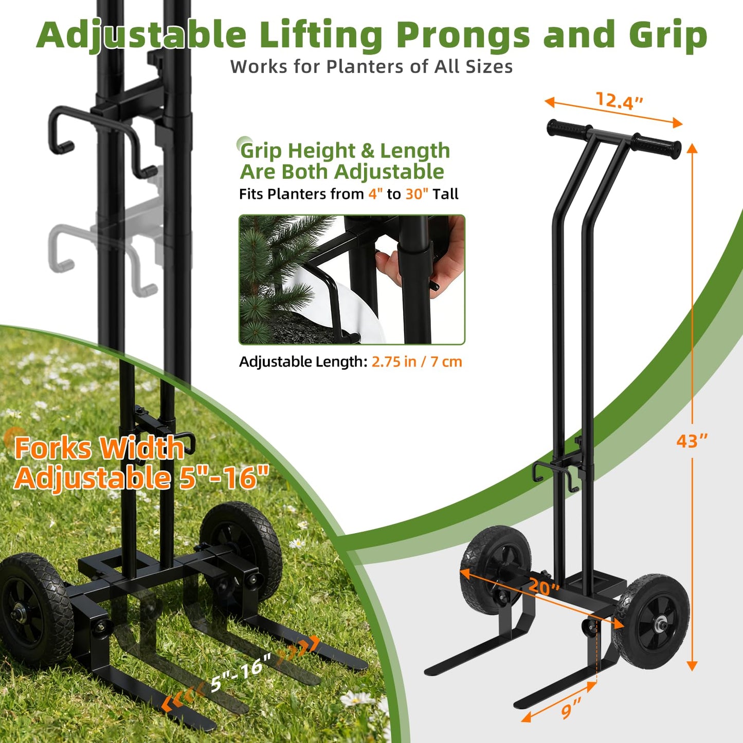 Vlaeng Plant Caddy with Wheels, 200 Lbs Capacity Plant Dolly Cart with Wheels, Handle, Adjustable Forks and Grips, Potted Plant Mover for Flower Shop, Home, Courtyard, Offices, Hotels