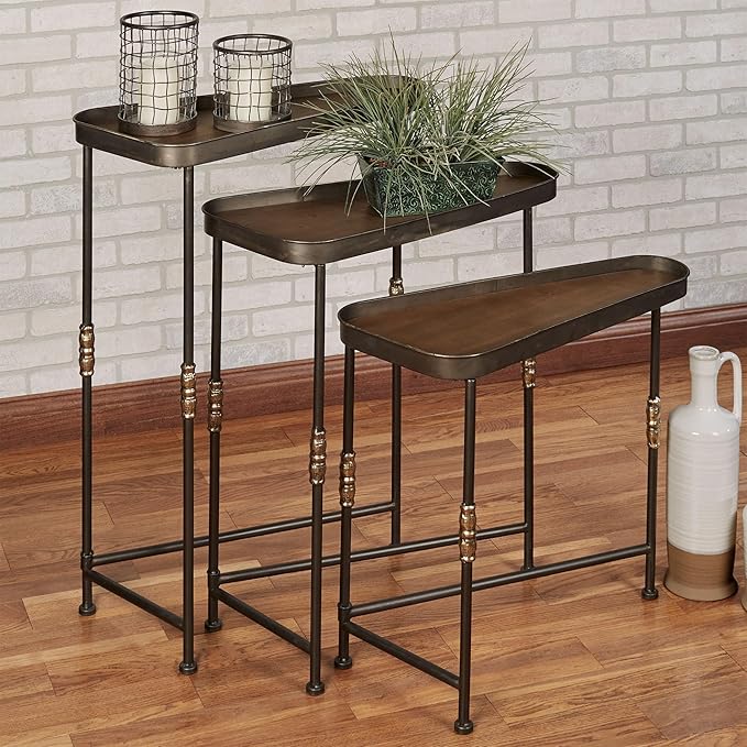 Bronwyn Metal and Wood Nesting Tables Dark Bronze Finish 28, 30.5 and 36 Inches