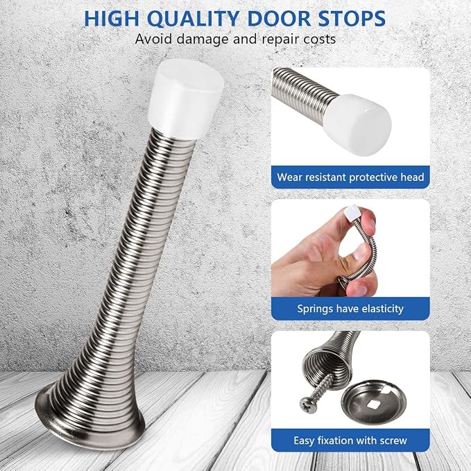 KISEER 12 Pack Spring Door Stops 3 1/4 Inch Flexible Heavy Duty Spring Door Stopper with RustProof Screw Rubber Bumper Tips (Satin Nickel)