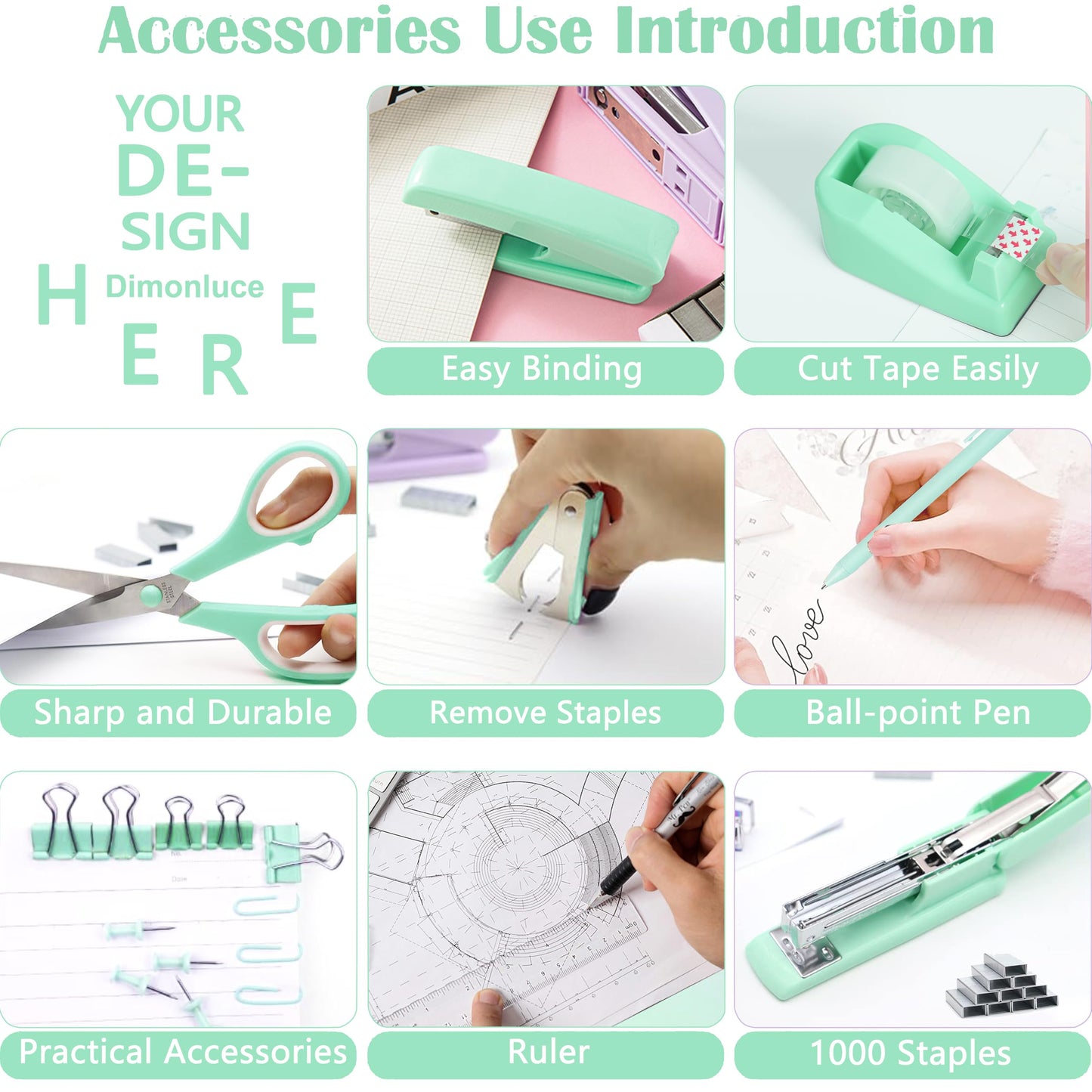 Dimonluce Green Office Supplies, Teal Desk Accessories Accessories with Tape Dispenser, Stapler, Staple Remover, 1000 Staples, Tape, Clips Set, Ruler, Scissor, Pen