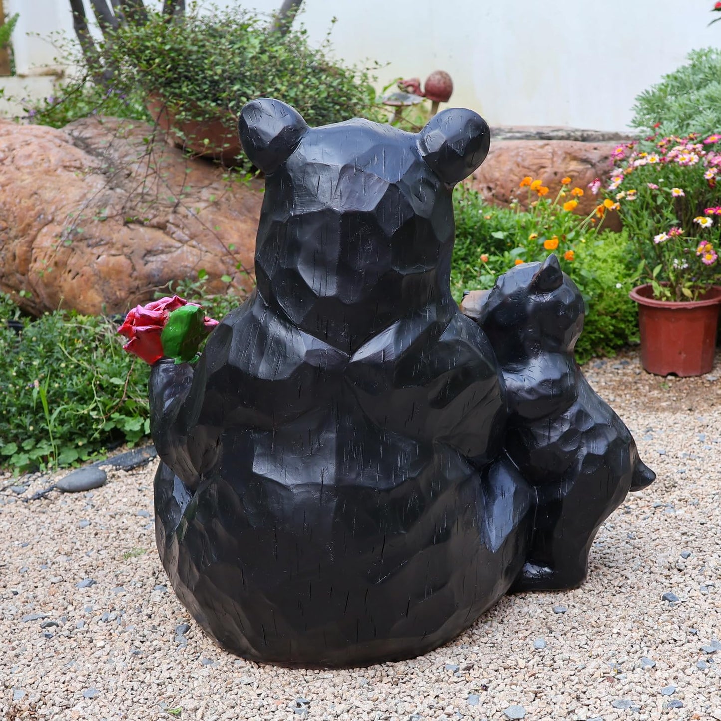 Bear and Cub Garden Planter - 21-Inch Large Resin Black Bear Statue with Flower Barrel, Rustic Wood Carved Look Flower Pot for Outdoor Porch Patio Yard Decor, Animal Sculpture Housewarming Gift