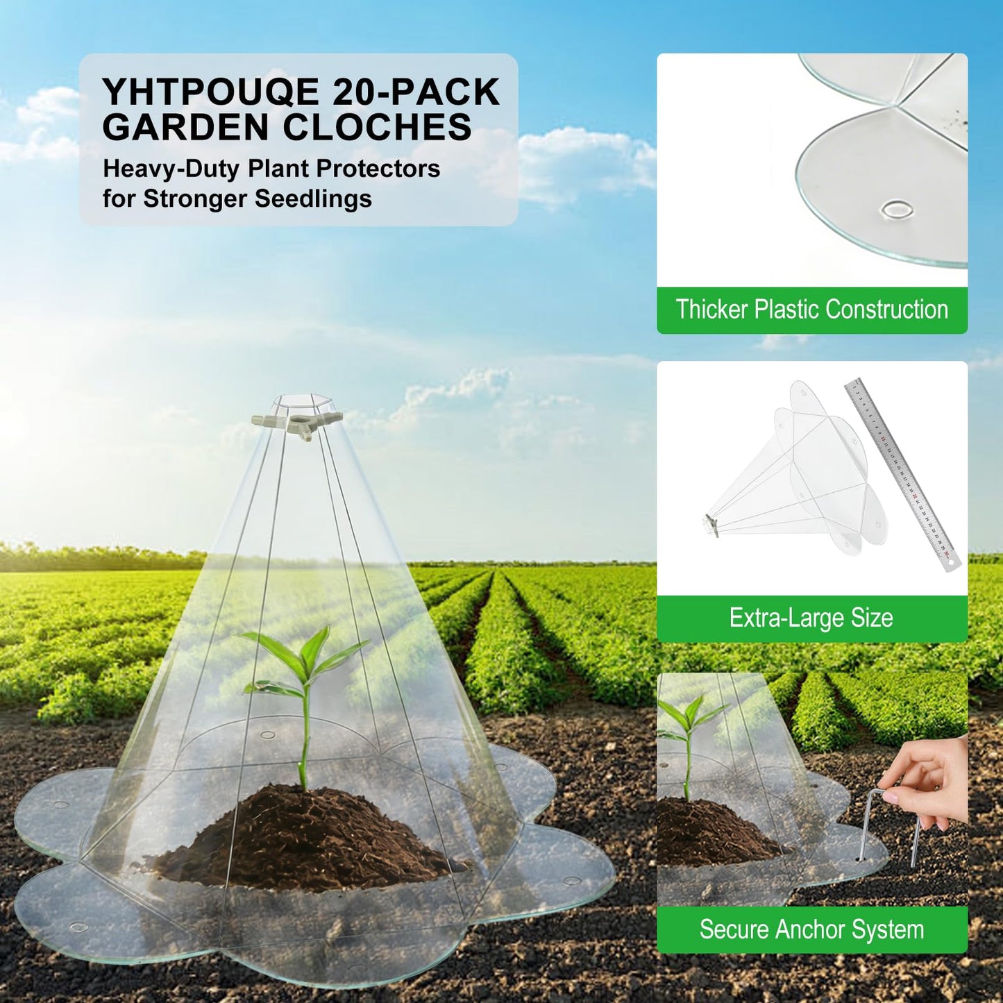 Yhtpouqe 20 Pack Garden Cloches for Plants, Larger Plant Covers Freeze Protection with 40 Ground Securing Pegs, Plant Protectors from Animals for Vegetable, Flower Seedlings, 10.51" H X 10.48" D
