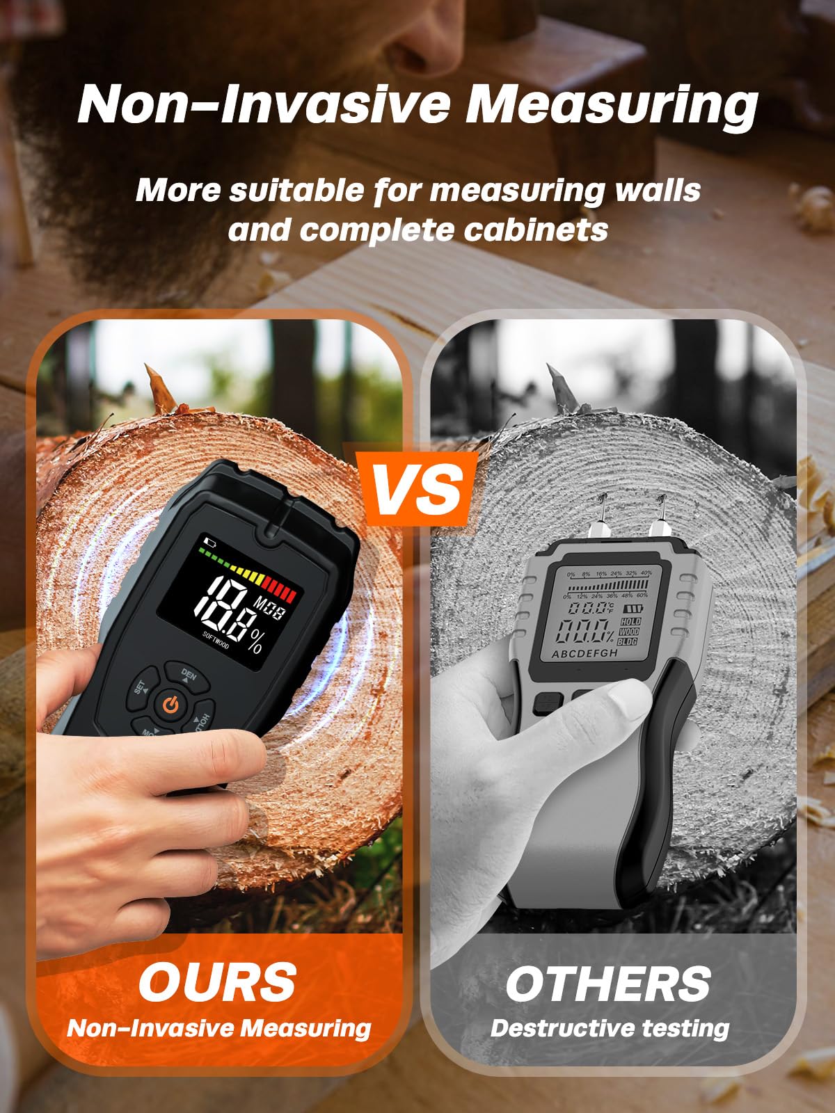 Moisture Meter Damp Meter Pinless Wood Moisture Meter for Walls Logs Firewood and Building Material, 4 Mode 9 Density Settings, Non-Destructive Moisture Detector with Backlit LCD and Alerts (Black)