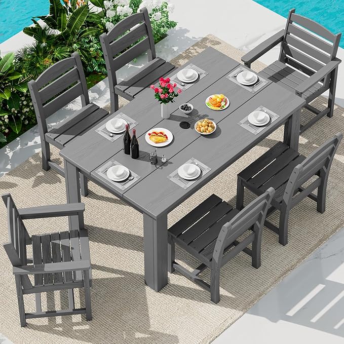 SERWALL HDPE Dining Set for 6: 1 Umbrella Hole Table, 4 Armless + 2 Armchairs.