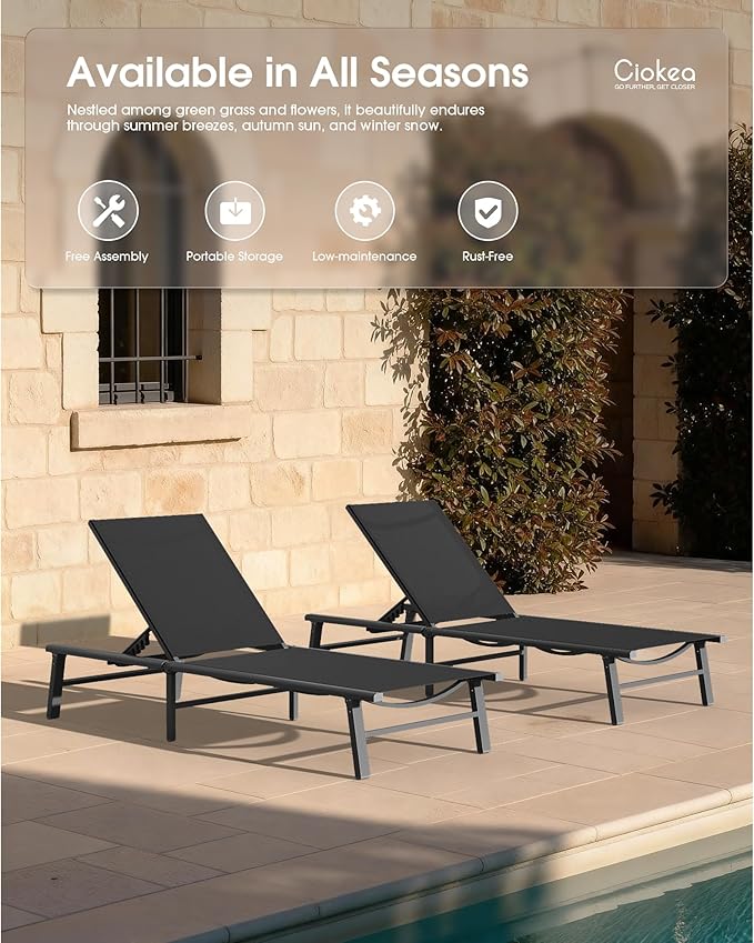 Ciokea Foldable Outdoor Lounge Chair Set of 2, No Assembly Aluminum Chaise