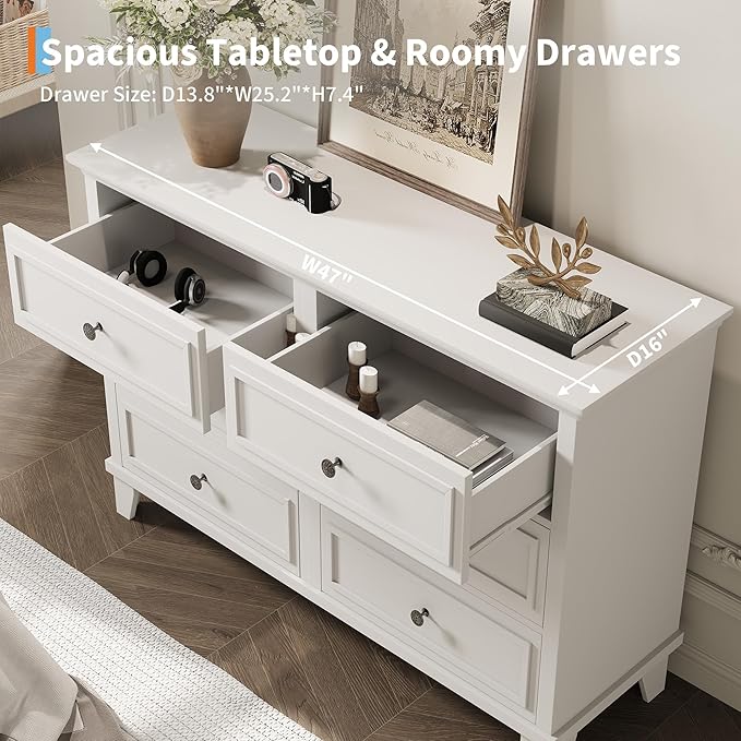 IDEALHOUSE 6 Drawer Dresser, Wooden Storage Chest of Drawers