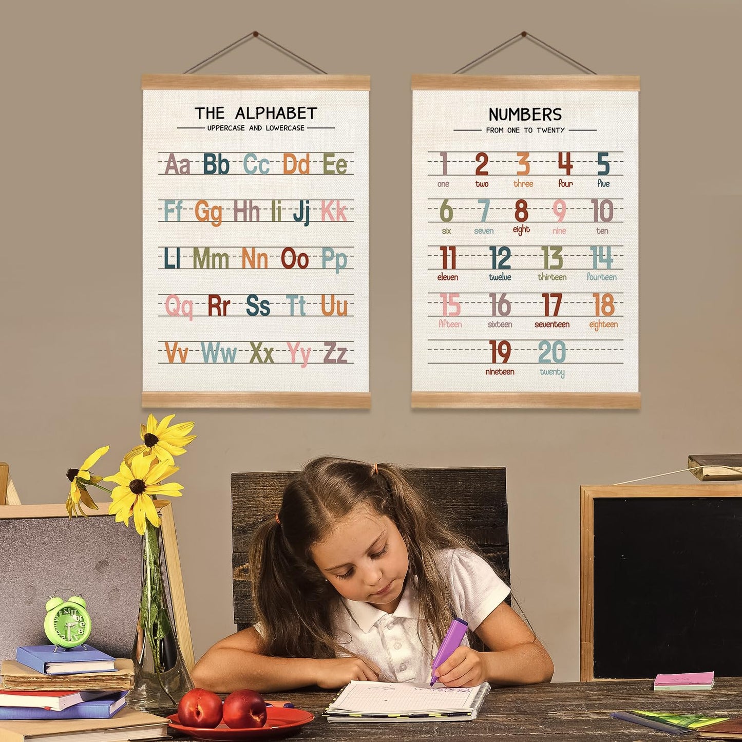 ZTGDA Alphabet Numbers Wall Art Poster Set of 2,ABC Banner Poster, Letter and Numbers Banner Wall Hanging for Playroom Nursery Classroom Decor,Teachers Mstu Haves 12x16inch(123&ABC-01)