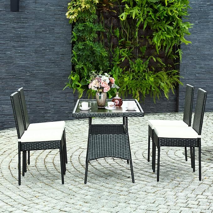 Tangkula 5 Piece Wicker Patio Dining Set, Outdoor Rattan Table & Chairs Set