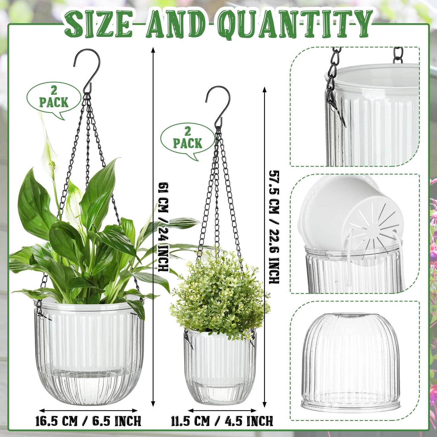 Maxcheck 4 Pcs Self Watering Hanging Planters Indoor Gift 6.5'' 4.5'' Hanging Flower Pots Baskets Outdoor Self Watering Plant with 3hooks Drainage Holes for Home