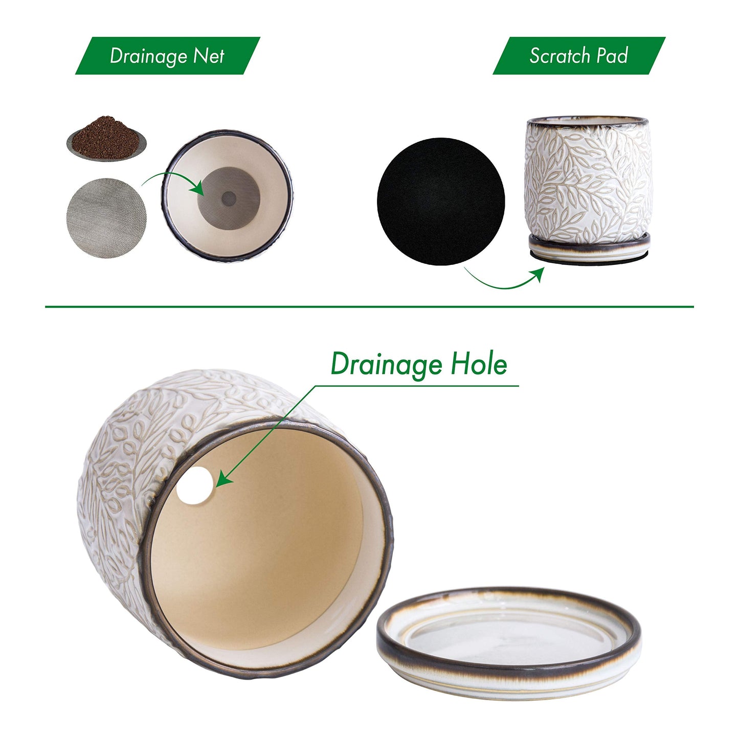 D'vine Dev 4 Inch Embossed Leaves Stoneware Planter Pot with Drainage Hole and Saucer, Smoked White, Set of 1, 27-A-Z-1