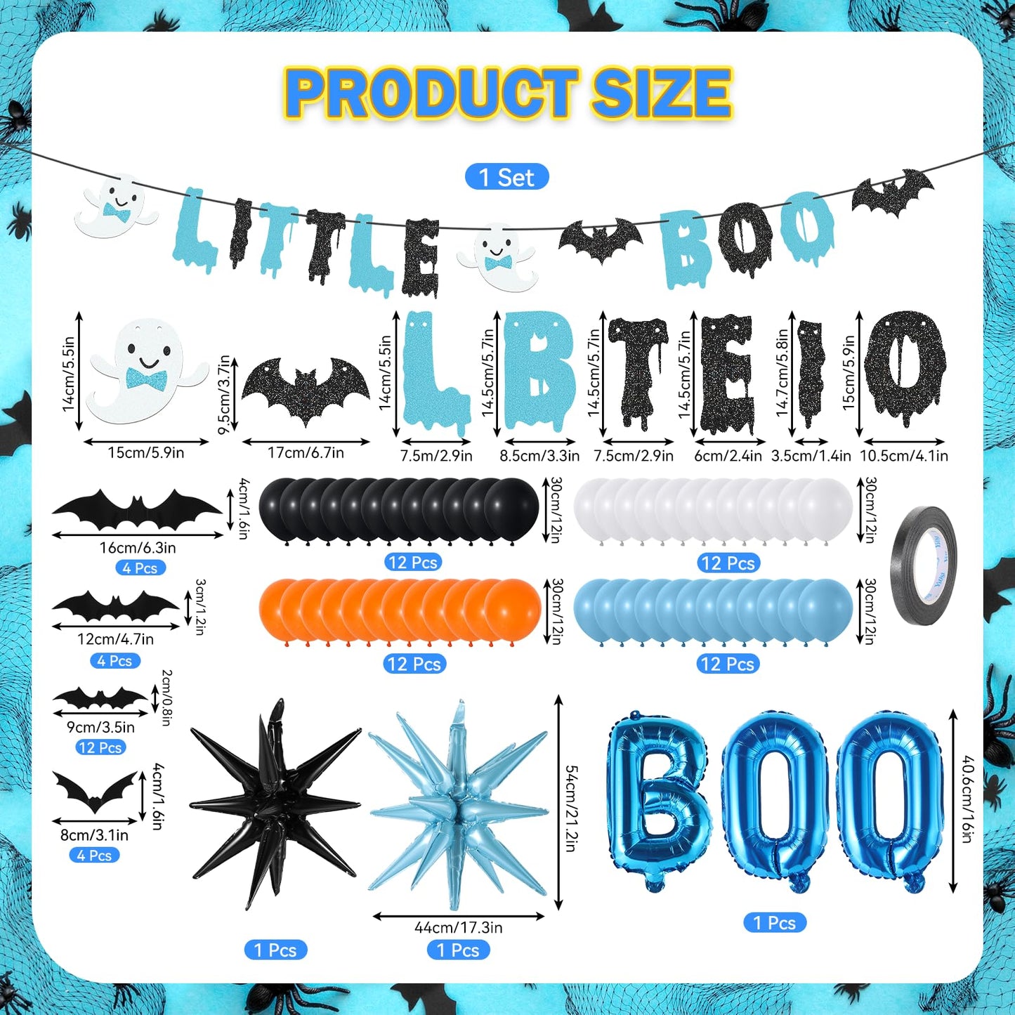 80Pcs Halloween Baby Shower Decorations Spooky Little Boo Baby Shower Party Supplies Blue Black Backdrop 3D Bat Stickers Ghost Banner BOO Explosion Star Balloons for Halloween Birthday Gender Reveal