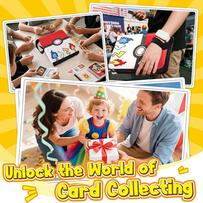 Card Binder – 9 Pocket Zipper Collection Album, Premium PU Holder, Double-Sided Display for 900 Cards, Includes 5 Hard Plastic Sleeves for Game Cards, Sports Cards（Cartoon Stickers）