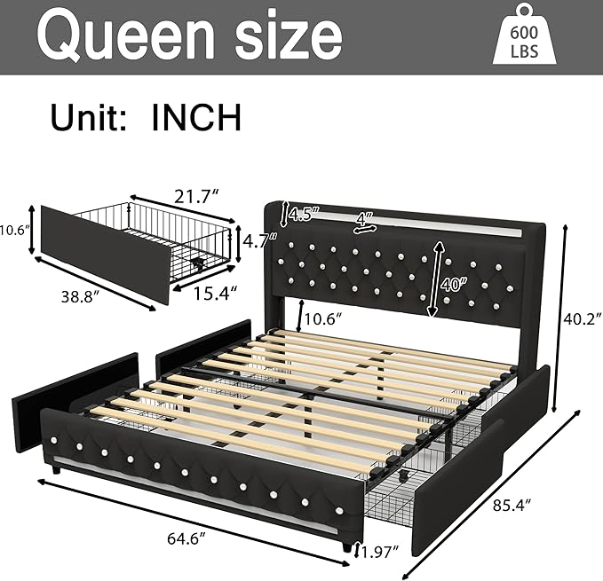 Music Player Bed with Bluetooth Speakers, Queen Size Smart Bed, USB&Type C