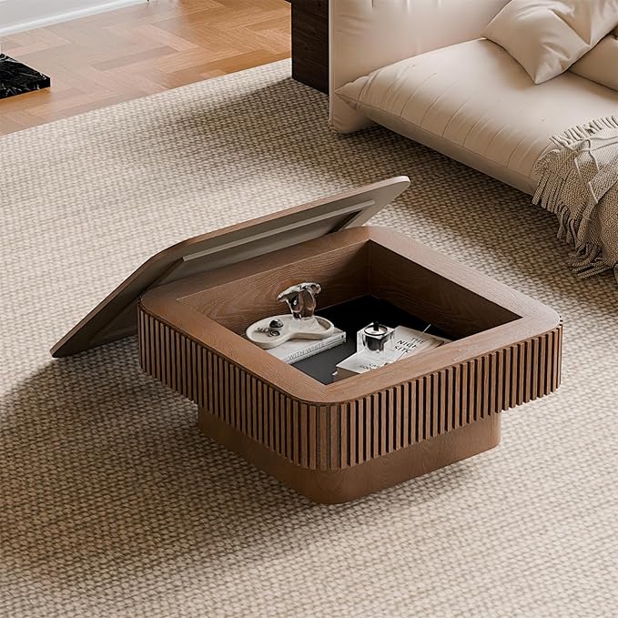 Square Coffee Table for Living Room, Fluted Drum Accent Tea Center Table
