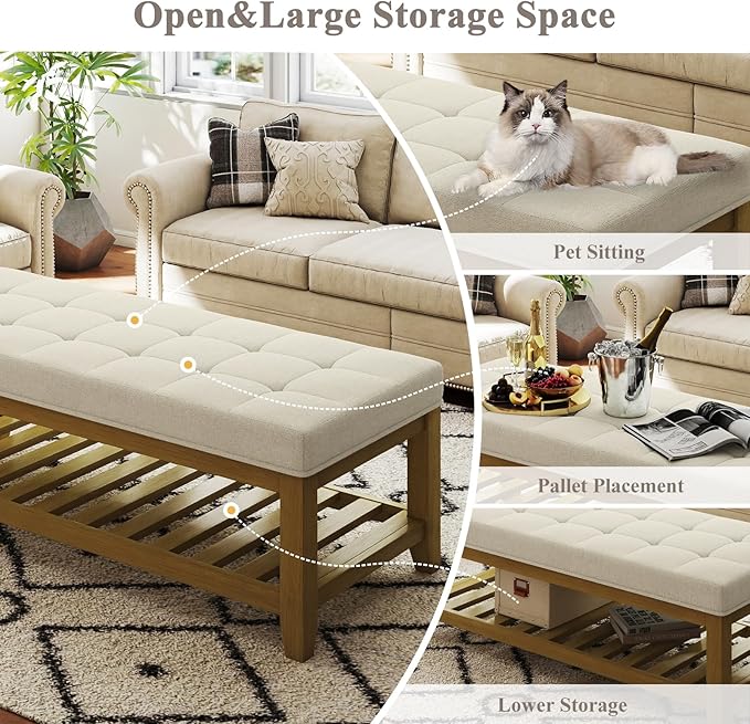 Befurtori Large Rectangular Upholstered Ottoman Bench, Linen Tufted Footrest