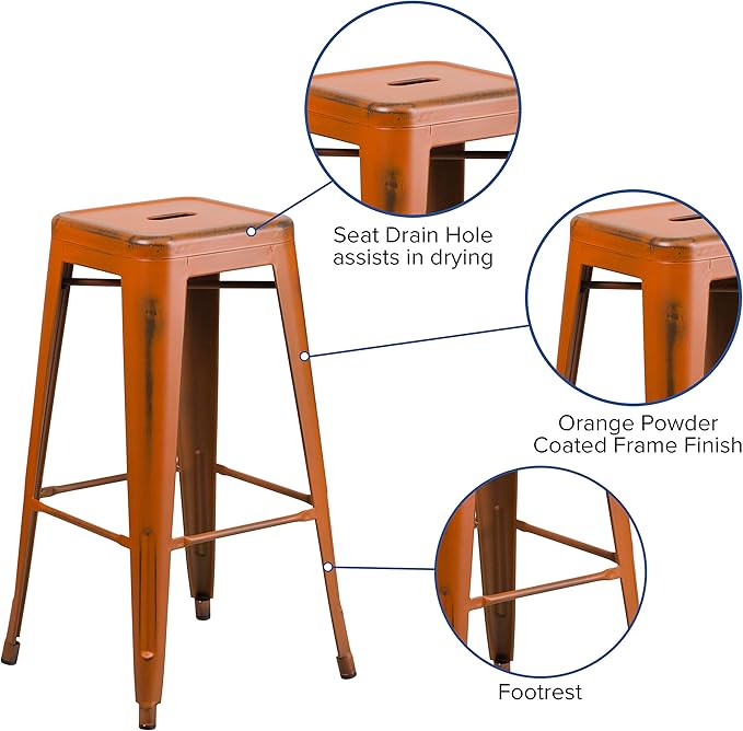 Flash Furniture Kai Commercial Grade 30" High Backless Distressed Orange Metal