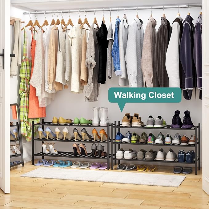 viewcare 3-Tier Long Black Shoe Rack, Bamboo Wood Shoe Rack