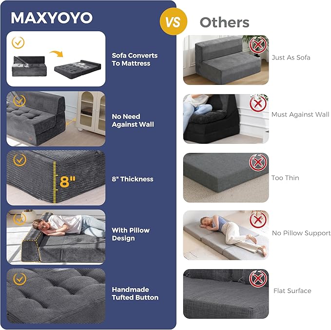 MAXYOYO 8" Folding Sofa Bed, Fold Out Chair Bed Sleeper Chair, Convertible