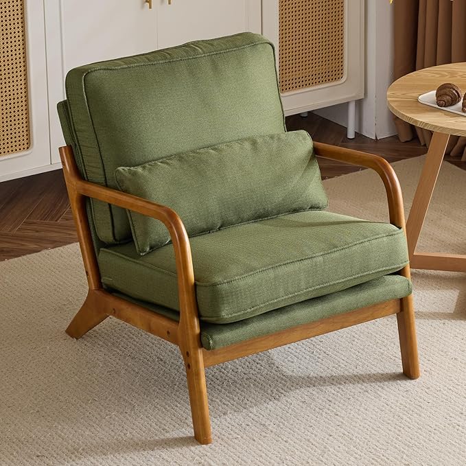 Bonnlo Dark Green Linen Mid Century Modern Accent Chair, Soild Wood Padding