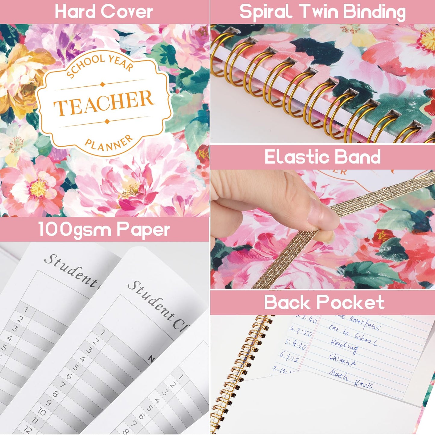 Teacher Planner 2026-2027, 7x10'' Undated Lesson Planners Teacher Planner Academic Year with Elastic Band, Back Pocket for Classroom or Home school Use，Watercolor Floral