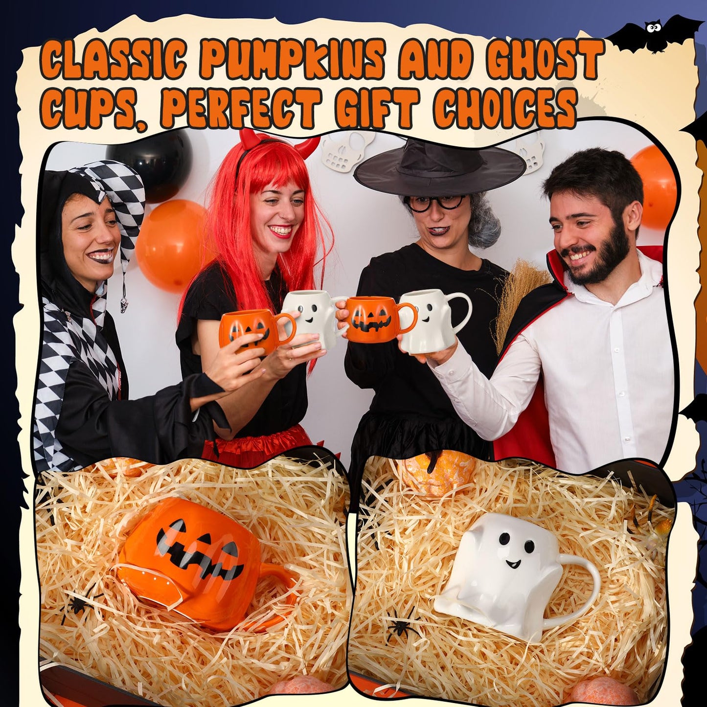 Didaey 4 Pcs 14oz Halloween Pumpkin Mug Ghost Coffee Mug Cute Pumpkin Coffee Cup Halloween Ceramic Cups for Home Decorations