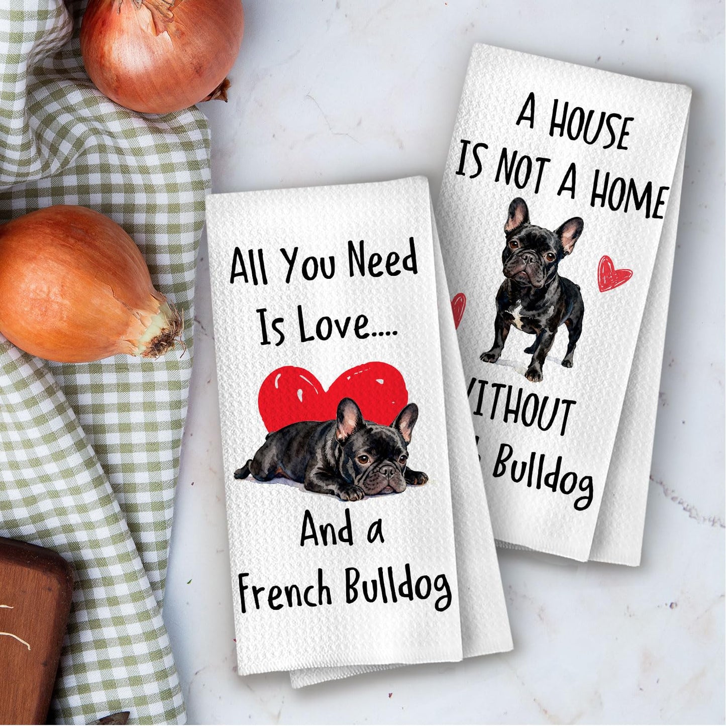 XIVENHAVM French Bulldog Kitchen Towels Set - French Bulldog Gifts for Women Decorative Waffle Dish Towels, Funny Frenchie Gift Hand Towels, Hostess Gifts Tea Towel, 16x24 Inch Set of 2