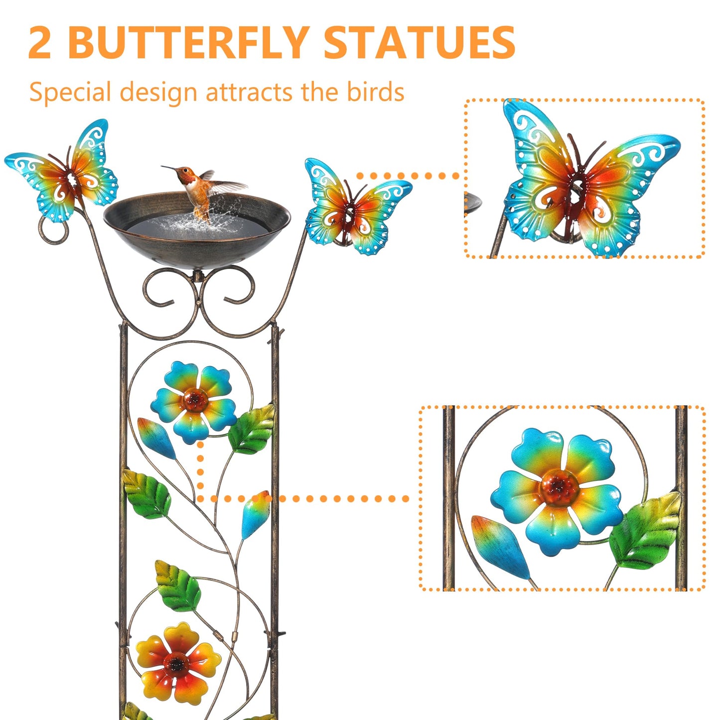 SUNNYPARK Bird Bath with Trellis Outdoor, Antique Garden Iron Plant Trellis with Decorative Floral-Butterflies Detachable Bird Bath Bowl Metal Potted Plants Support for Climbing Flowers