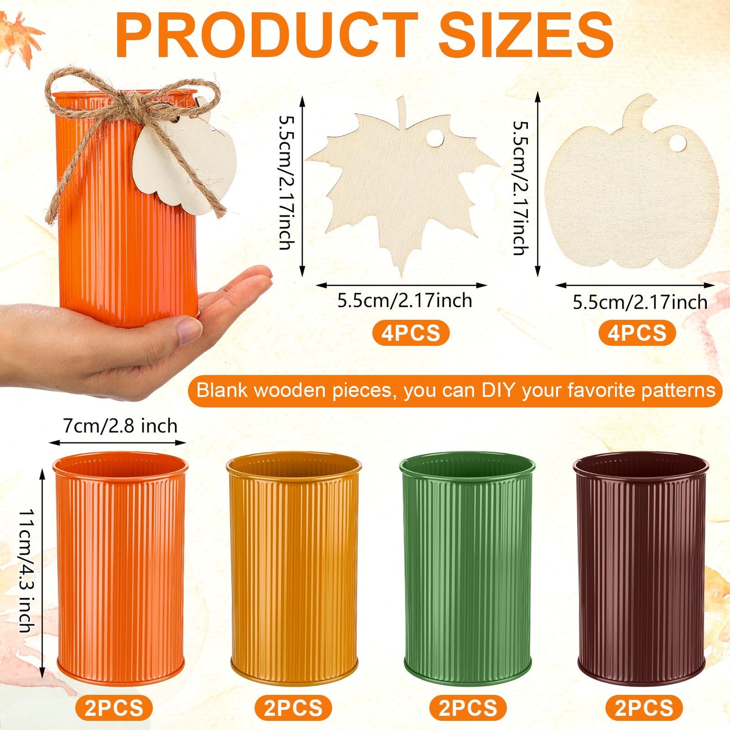 Acellegic 8 Pack Thanksgiving Table Centerpieces Fall Galvanized Metal Vases Decorations Farmhouse Flower Buckets Mason Jar Utensil Holder with Wooden Cutouts & Twine Bow for Holiday Table Decor