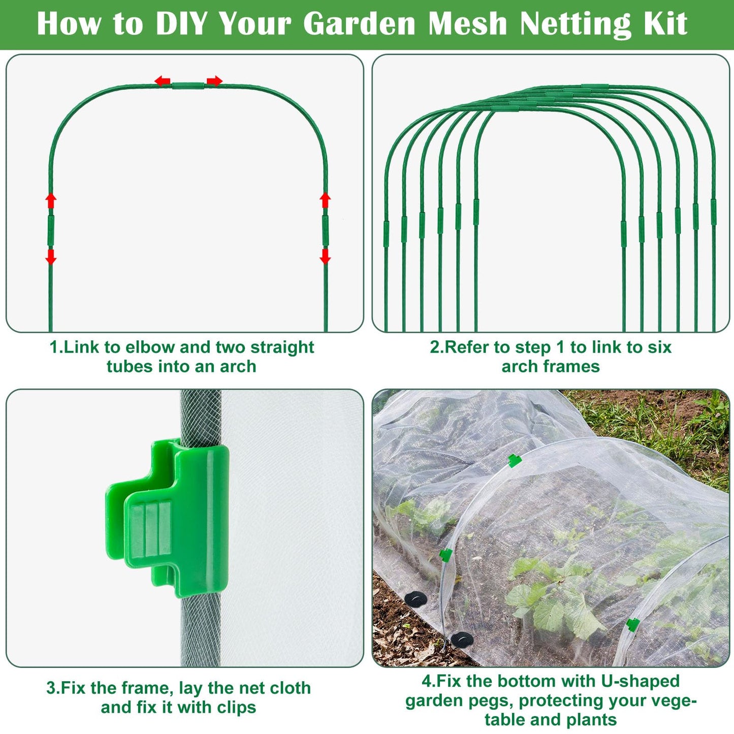 Unves 67 Pcs Garden Netting Kit, 10x25 Ft Ultra Mosquito Bird Netting with 6 Hoops & 12 Clips, Fruit Tree Netting for Patio Raised Beds Vegetable Flowers Protection Barrier Plant Covers Net
