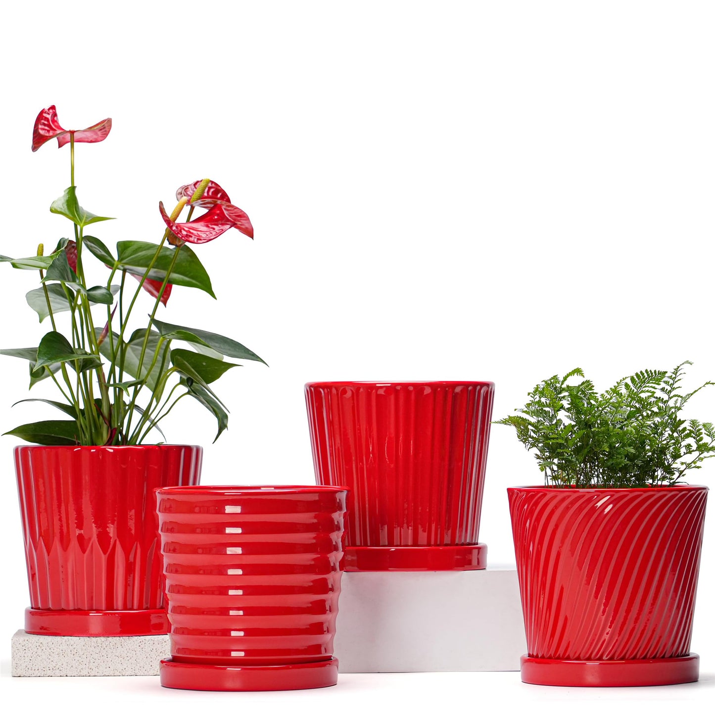 Ton Sin Plant Pots, 6 Inch Flower Pots for Plants,Ceramic Planter with Drainage Holes,Indoor Planter Pots with Saucer,Outdoor Garden Pots (Red, 4 Pack)