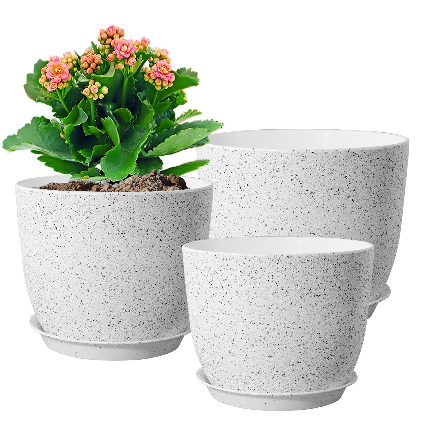 WSMKSZ Large Flower Pots 12/10/9 inch, Set of 3 Modern Decorative Plastic Planters with Drainage Holes and Saucers for Garden House Plants, Plant Pots for Indoor Outdoor Plants, Speckled White