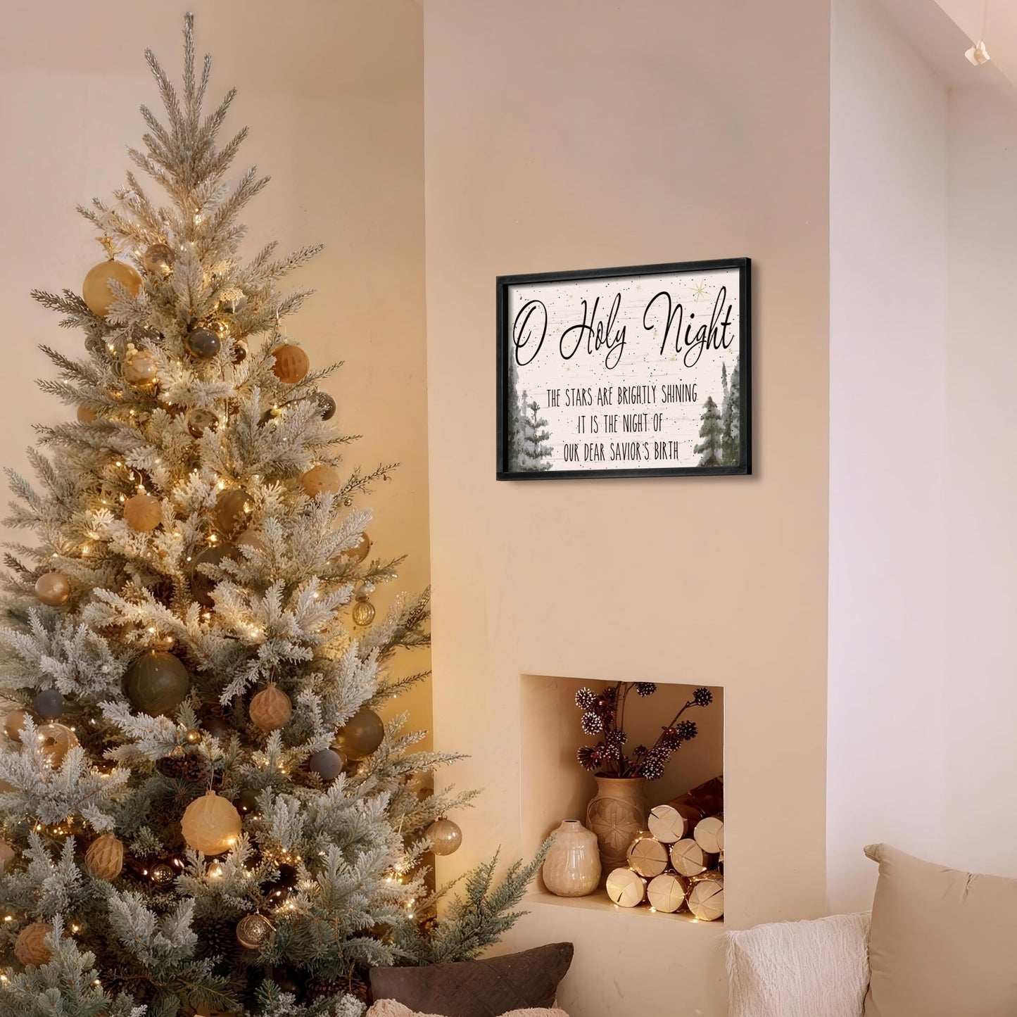Ronasip Framed Christmas Wall Decor - O Holy Night Wooden Wall Art with Scripture (THE STARS ARE BRIGHTLY SHINING), Rustic Christmas Artwork, Xmas Home Decor, Winter Wall Sign (12"x16.5", Black)