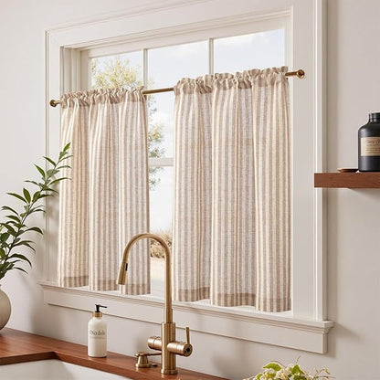 jinchan Striped Linen Kitchen Curtains 36 Inches Length Tier Curtains Farmhouse Modern Cafe Style Small Window Treatments Airy Light Filtering Rod Pocket for Living Room Bathroom 2 Panels Tan