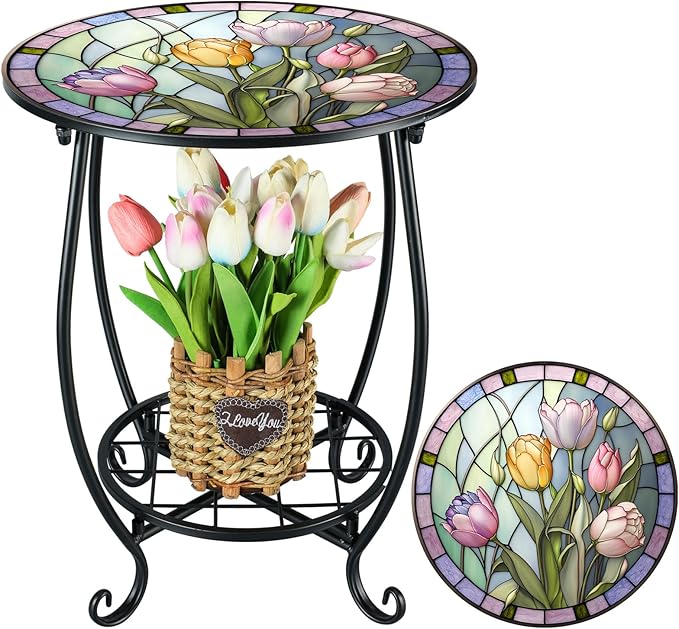 Cinnvoice Outdoor Side Table Round Small Mosaic Patio Accent Indoor End Plant