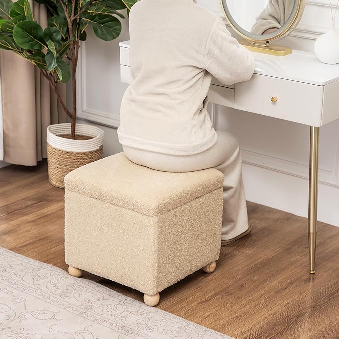 Adeco 17.3" Modern Oatmeal Teddy Velvet Storage Ottoman, Upholstered Cube Foot