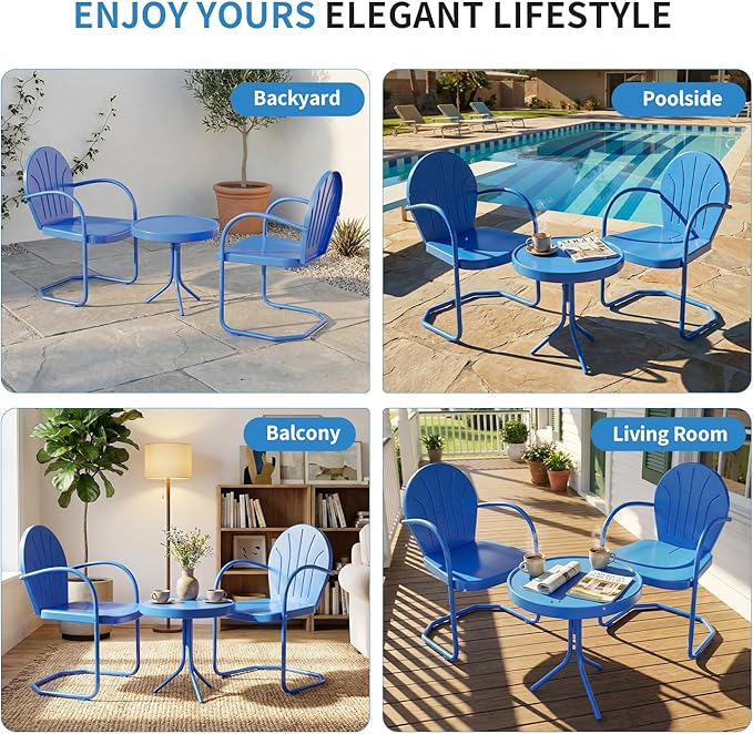 3 Pieces Patio Bistro Set, Retro Metal Outdoor Seating Conversation, 2 C-Spring