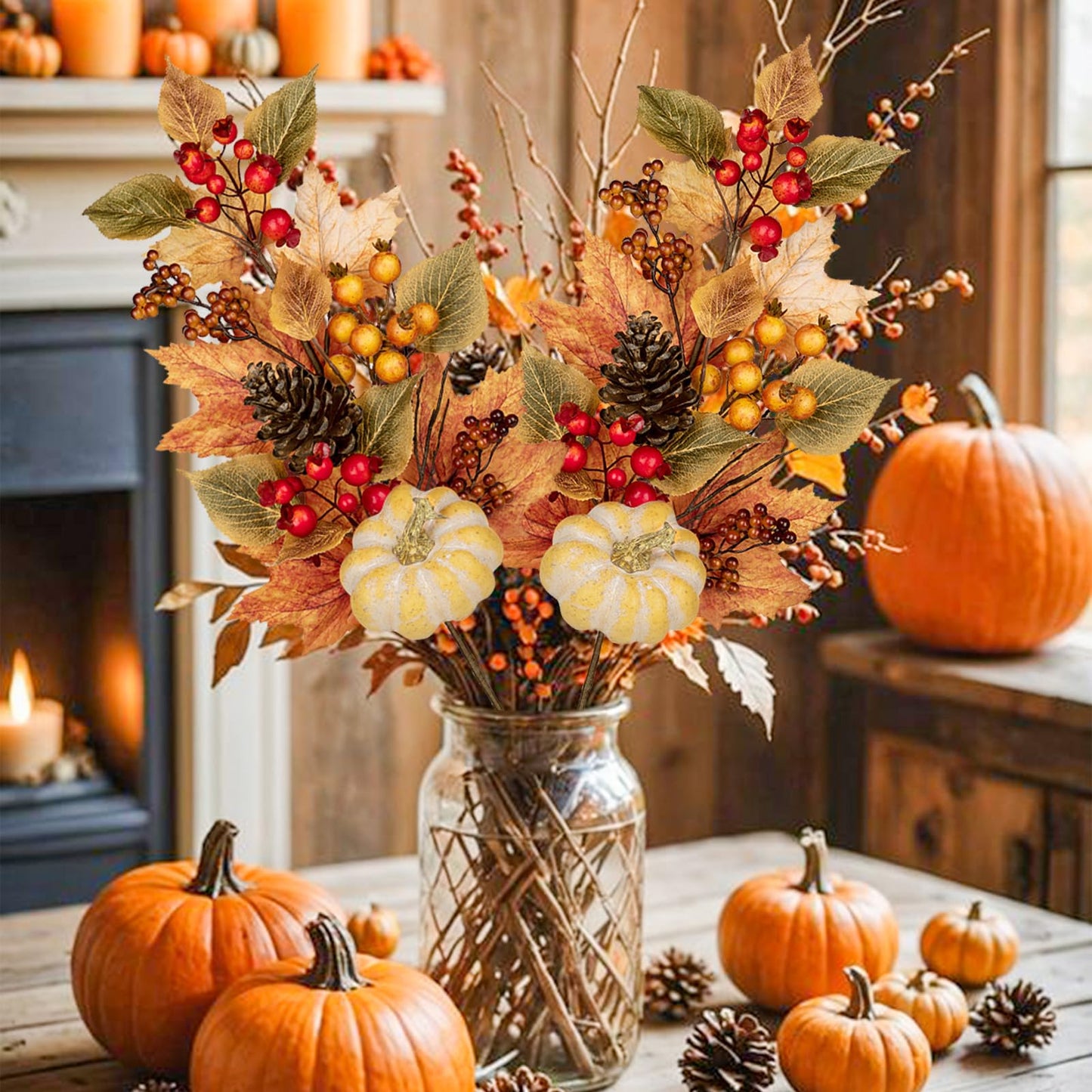 2PCS Artificial Fall Branches Fake Pumpkin Pine Cone Maple Beech Leaves with Red Berries, 30" Tall Faux Fall Stems Autumn Décor for Vase Farmhouse Kitchen Table Centerpiece Decoration