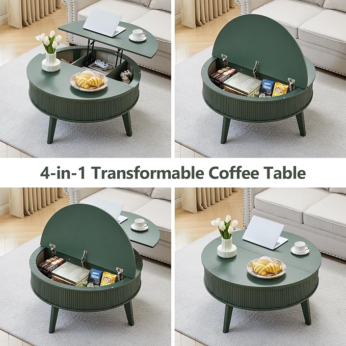Round Lift Top Coffee Table with Storage, 35.4'' Fluted Wood Center Table Mid Century Modern Coffee Table with Lifting Top for Living Room, Office, Small Space Green
