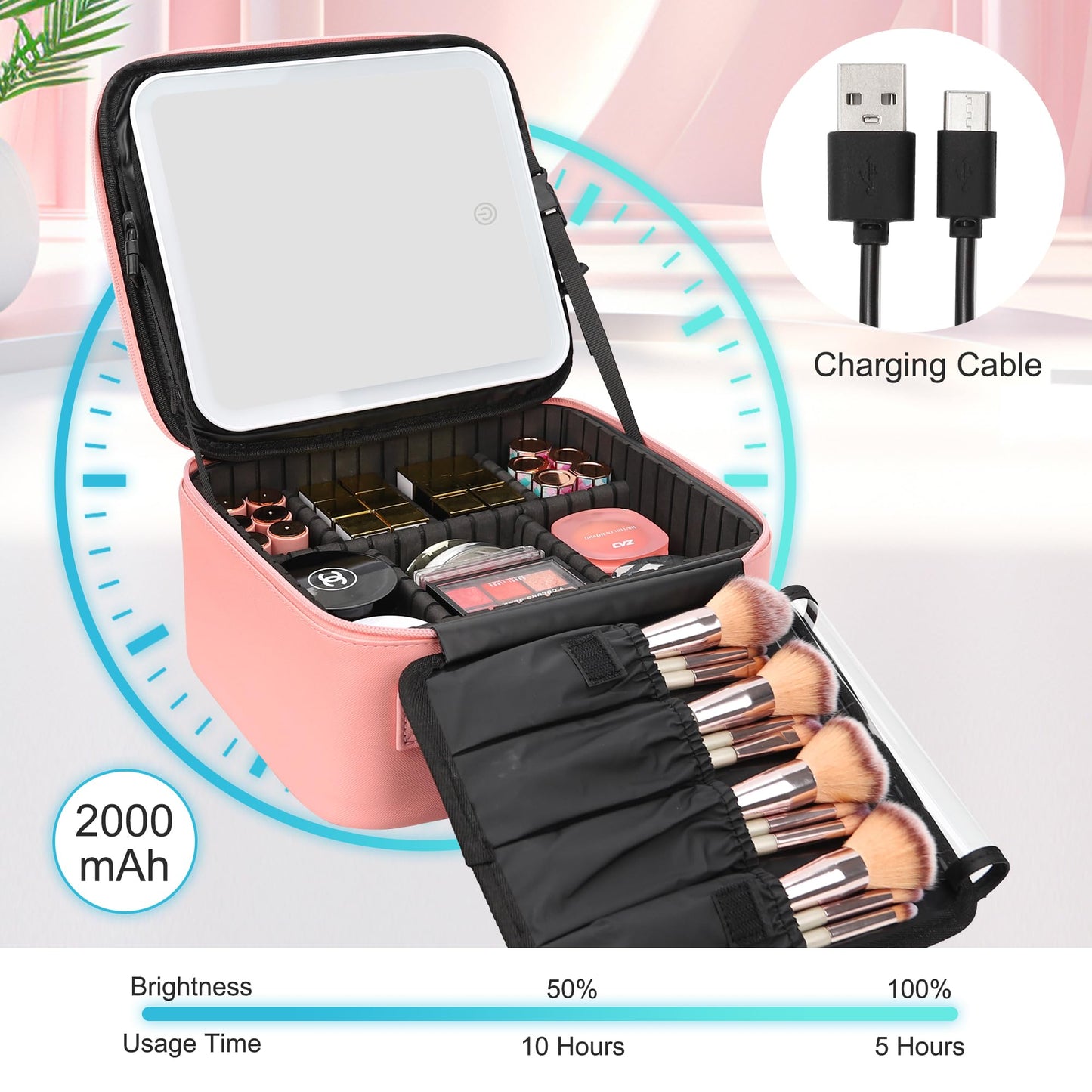 Relavel Travel Makeup Bag With LED Mirror, Cosmetic Train Case with Light up Mirror, Portable Makeup Artist Organizer Bag with Adjustable Dividers, Makeup Brush Holder Storage, Black