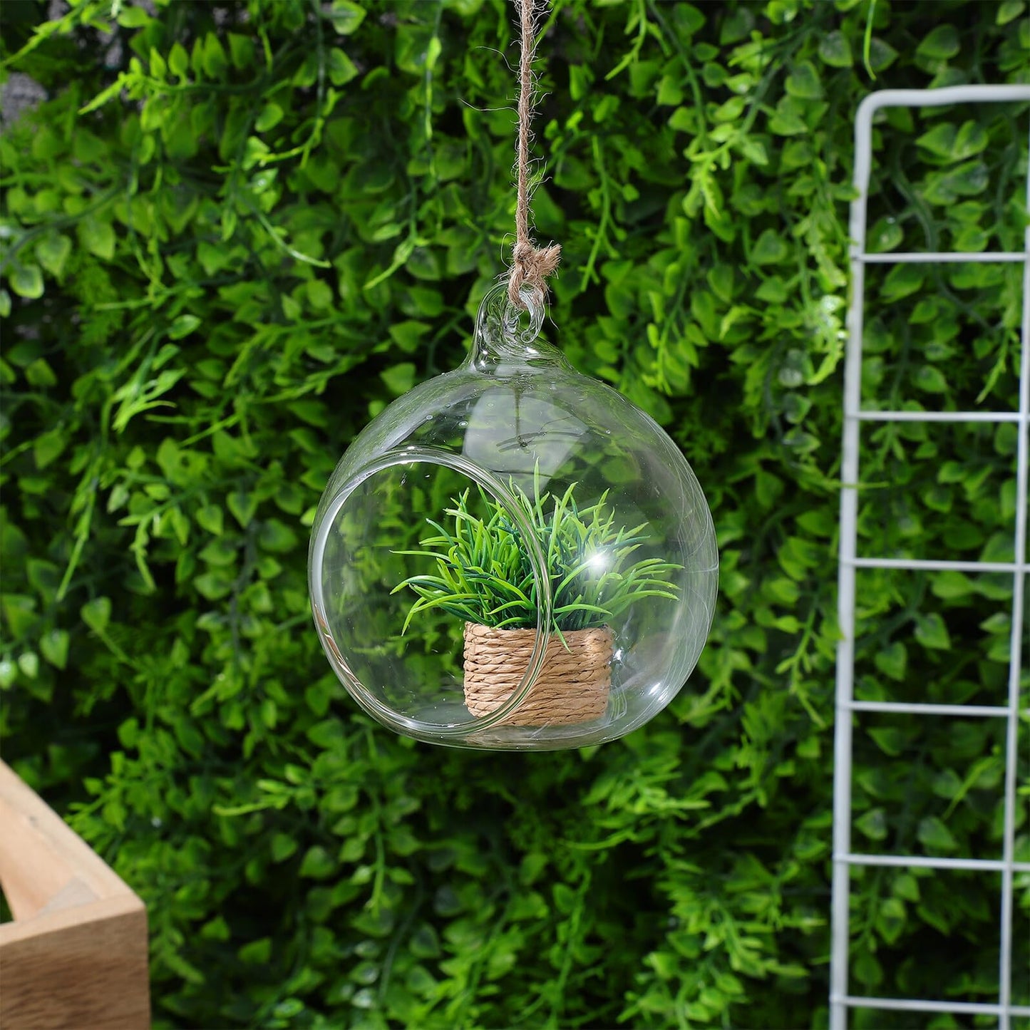JEWEDECO 5pcs Hanging Glass Terrarium Ball Vase with 4.5cm Opening, Glass Hanging Tealight Holder for Air Plants and Candles, Includes 1.2m Jute Rope for Home Décor and Garden Display